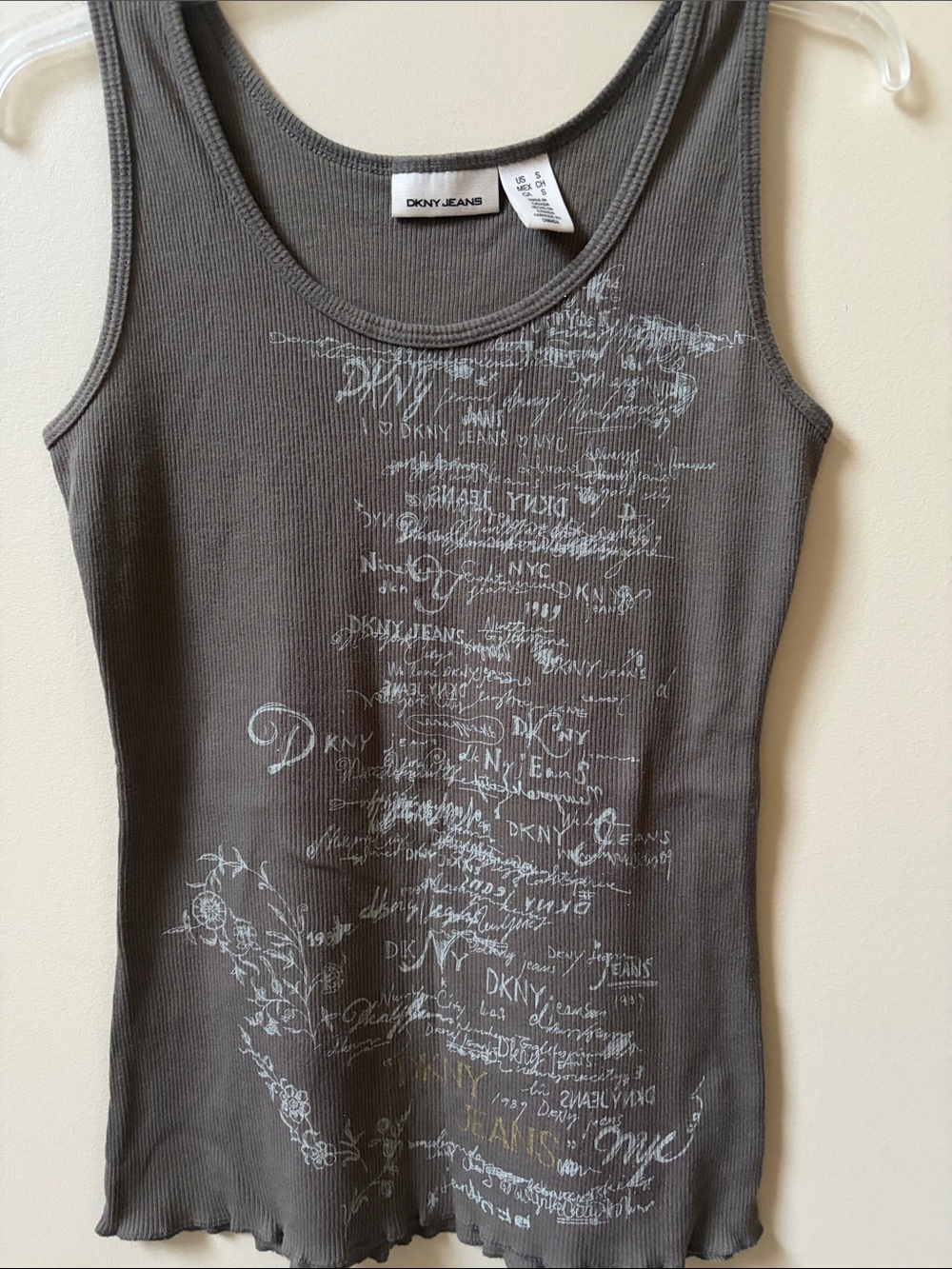 DKNY Olive Green Ribbed Graphic Tank Top